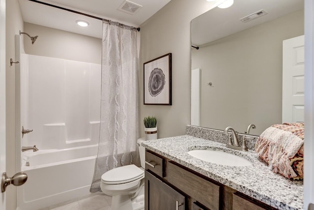 full bathroom with toilet, shower / tub combo, visible vents, and vanity