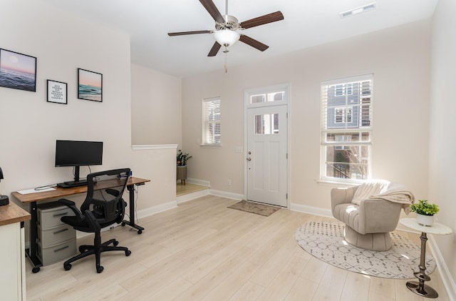 home office featuring light wood-style flooring, a ceiling fan, visible vents, and baseboards