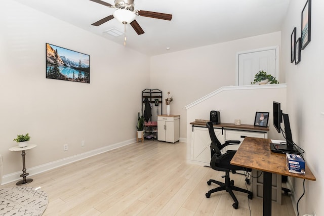 home office with baseboards, visible vents, ceiling fan, and light wood finished floors