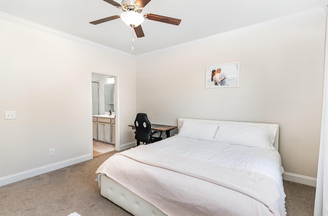 bedroom with light carpet, ornamental molding, and baseboards