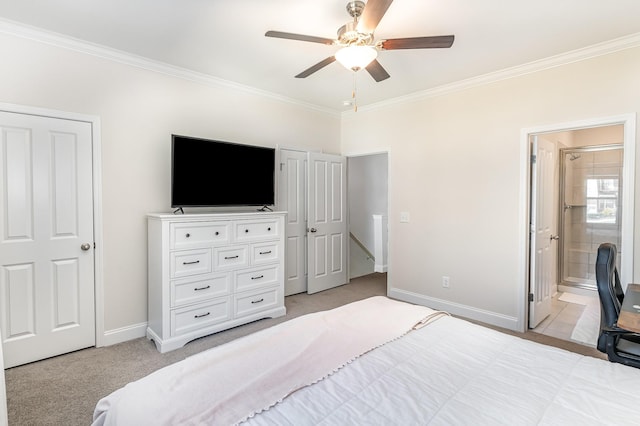 bedroom featuring ornamental molding, light carpet, and baseboards