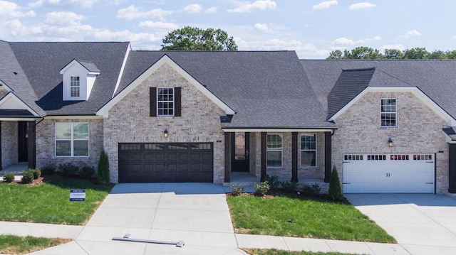 view of front of house with a garage, driveway, and brick siding