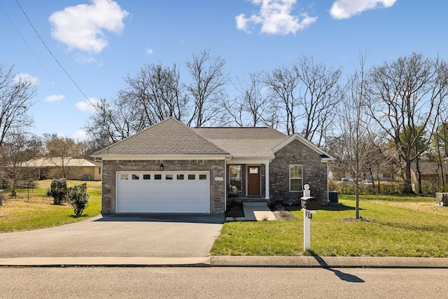 view of front of house with a garage, brick siding, driveway, roof with shingles, and a front lawn