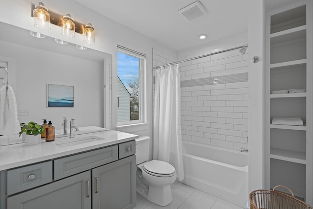 full bath featuring visible vents, toilet, shower / tub combo with curtain, tile patterned flooring, and vanity