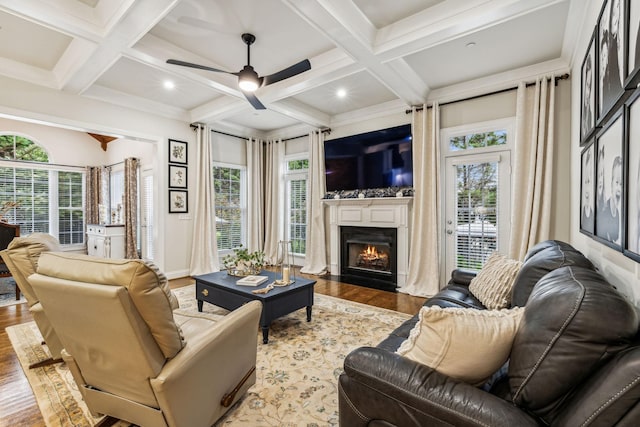 living room with wood finished floors, plenty of natural light, a fireplace with flush hearth, and beam ceiling