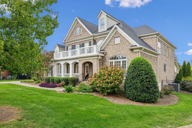 view of front of property with a porch, brick siding, a balcony, and a front lawn