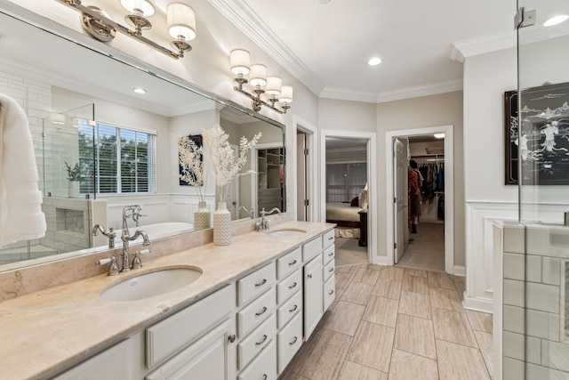 bathroom with a spacious closet, double vanity, and a sink