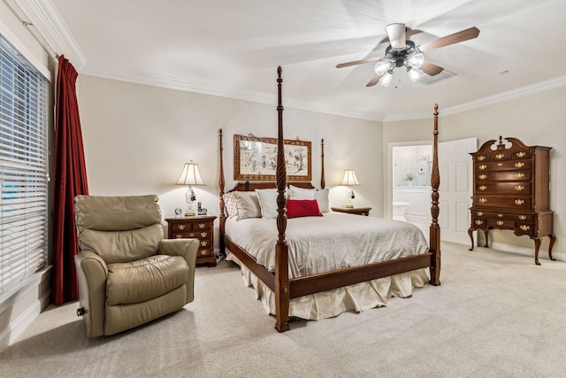 bedroom featuring ornamental molding, a ceiling fan, light carpet, connected bathroom, and baseboards