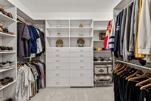 walk in closet featuring light colored carpet