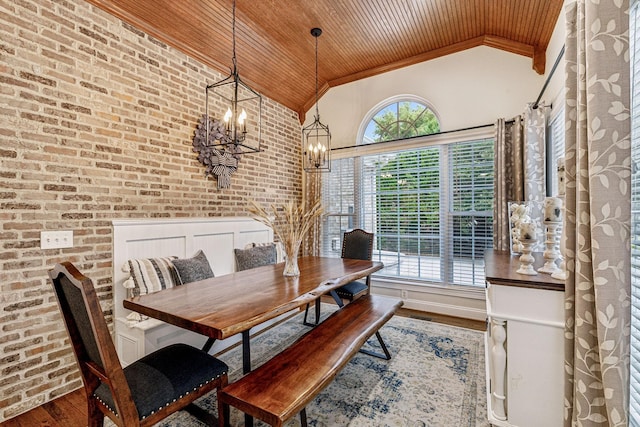 dining space featuring lofted ceiling, plenty of natural light, wood finished floors, and wood ceiling