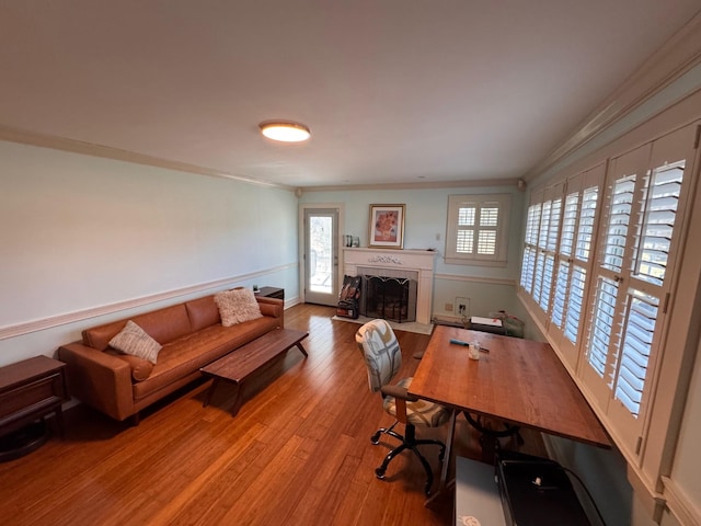 home office featuring light wood-type flooring, a fireplace with flush hearth, and crown molding