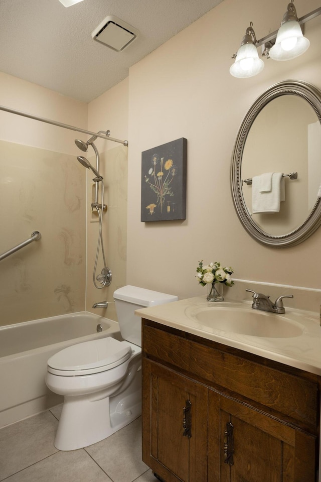 bathroom featuring shower / bathtub combination, toilet, vanity, visible vents, and tile patterned floors