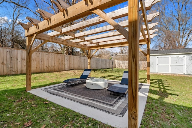 view of yard featuring a patio, a pergola, a shed, a fenced backyard, and an outdoor structure