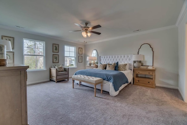 bedroom with light carpet, baseboards, visible vents, and ornamental molding