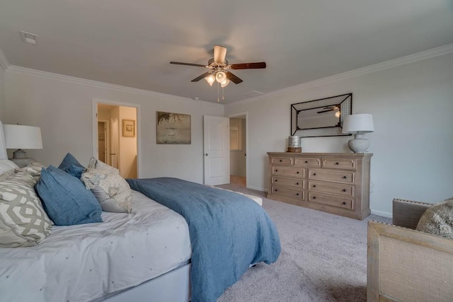 bedroom featuring light carpet and crown molding