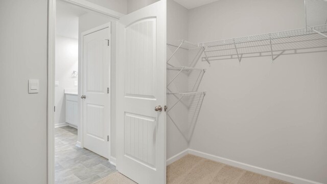 walk in closet with light colored carpet