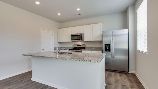 kitchen with stainless steel appliances, a sink, visible vents, white cabinets, and a center island with sink