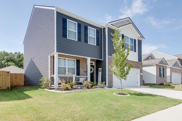 view of front of home featuring a porch, a garage, fence, driveway, and a front yard