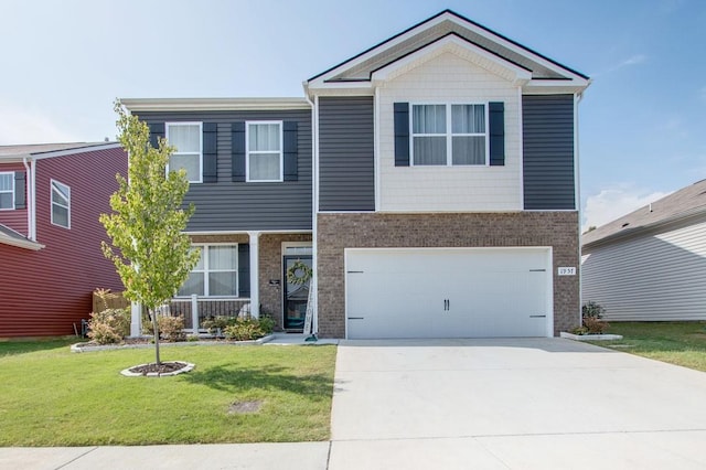 craftsman-style house with an attached garage, a front yard, concrete driveway, and brick siding