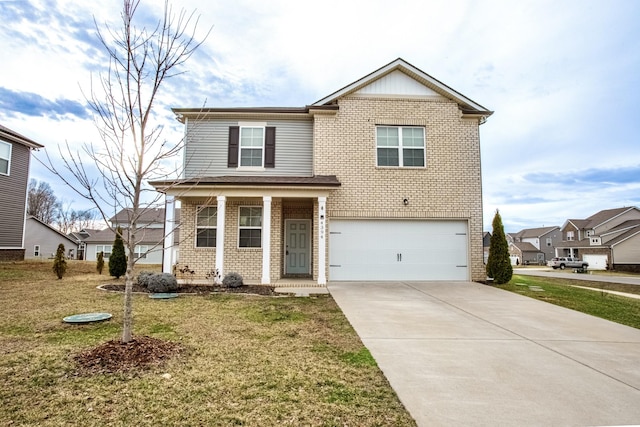 traditional-style house with concrete driveway, brick siding, a front lawn, and an attached garage