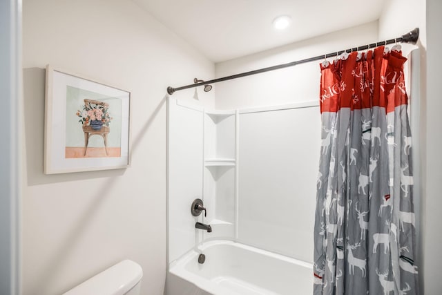 full bathroom with toilet and shower / bathtub combination with curtain