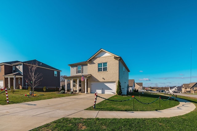 traditional home with a garage, brick siding, concrete driveway, a residential view, and a front yard