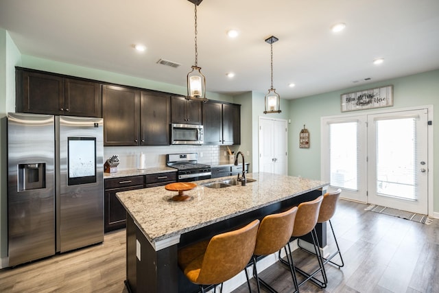 kitchen with stainless steel appliances, a sink, visible vents, a kitchen breakfast bar, and decorative backsplash