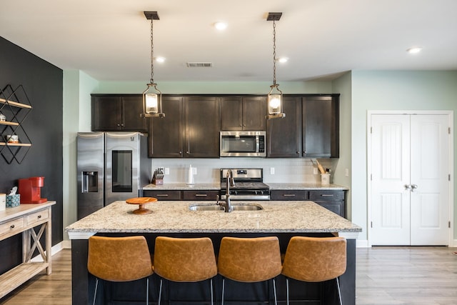 kitchen featuring stainless steel appliances, a breakfast bar, a sink, and backsplash