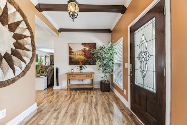 entryway with crown molding, baseboards, and wood finished floors