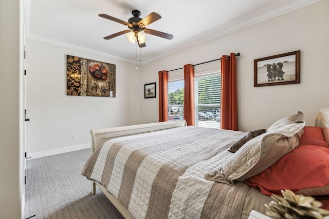 bedroom featuring ornamental molding, carpet flooring, baseboards, and a ceiling fan