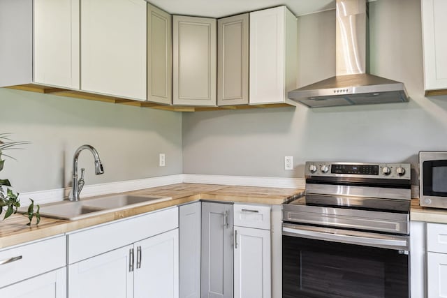 kitchen featuring appliances with stainless steel finishes, white cabinetry, a sink, wall chimney range hood, and butcher block countertops