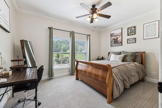 bedroom featuring light carpet, ceiling fan, ornamental molding, and baseboards