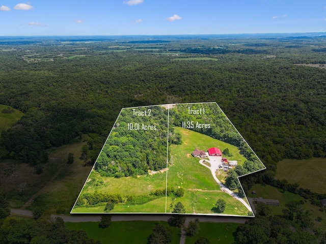 bird's eye view with a wooded view