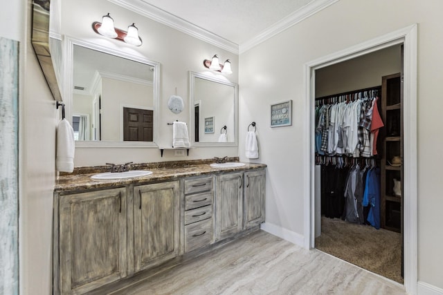 bathroom featuring ornamental molding, a walk in closet, a sink, and double vanity