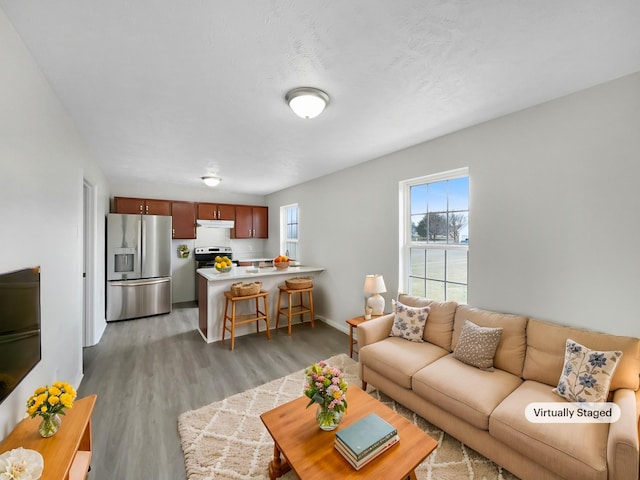 living area with baseboards and wood finished floors