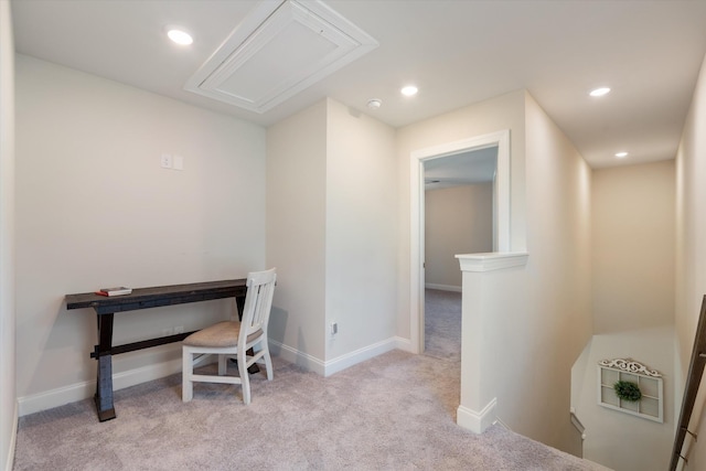 home office featuring light carpet, attic access, baseboards, and recessed lighting