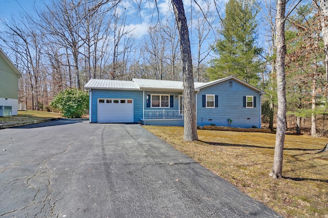 single story home with driveway, metal roof, crawl space, an attached garage, and a porch