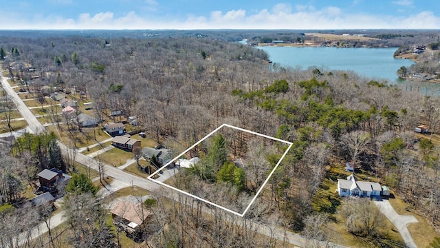 bird's eye view with a water view and a forest view