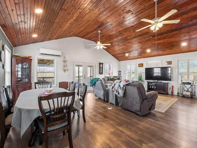 dining space with dark wood-type flooring, french doors, a wall unit AC, and wooden ceiling