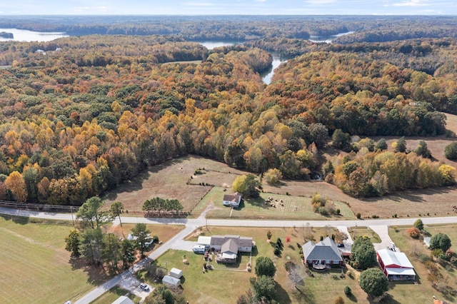 bird's eye view with a water view and a view of trees