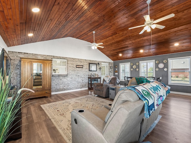 living area with dark wood-style floors, vaulted ceiling, and wood ceiling