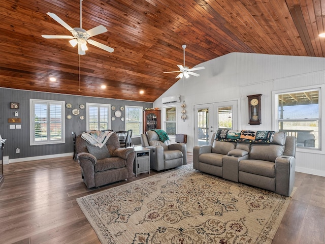 living room with french doors, wooden ceiling, wood finished floors, and baseboards