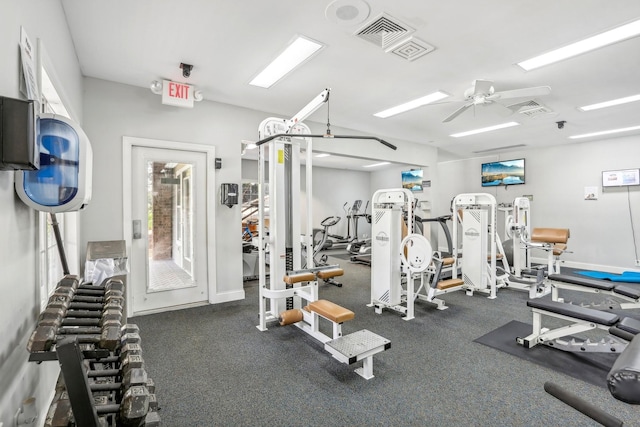 exercise room featuring visible vents and ceiling fan