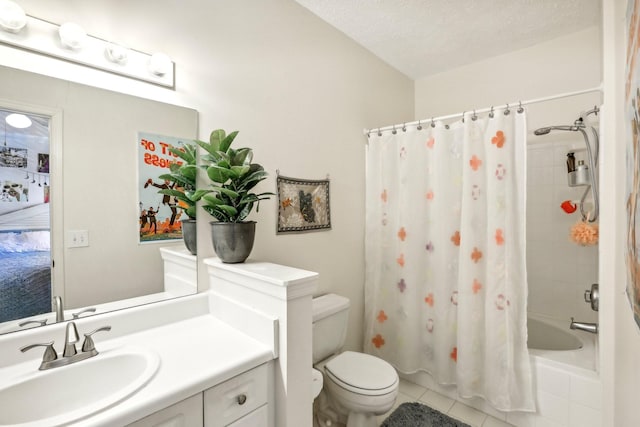 full bathroom with shower / bathtub combination with curtain, toilet, vanity, a textured ceiling, and tile patterned floors