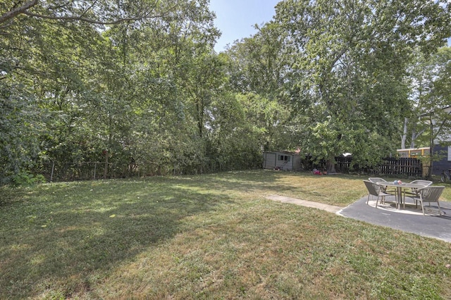 view of yard with a storage shed, a patio, an outdoor structure, and a fenced backyard