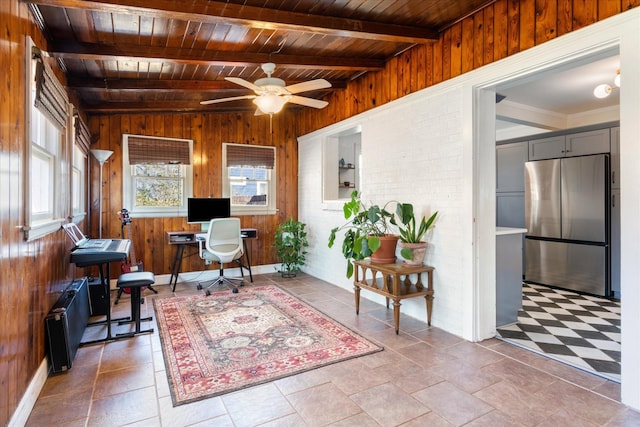 home office featuring beamed ceiling, wooden ceiling, and wooden walls