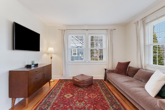 living room featuring wood finished floors and baseboards