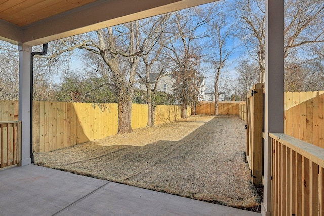 view of yard with a fenced backyard and a patio