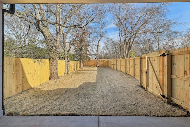 view of yard featuring a fenced backyard and a gate