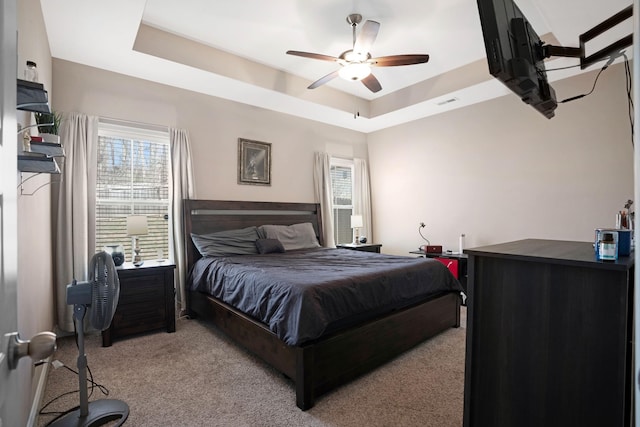 bedroom with a tray ceiling, carpet floors, and ceiling fan